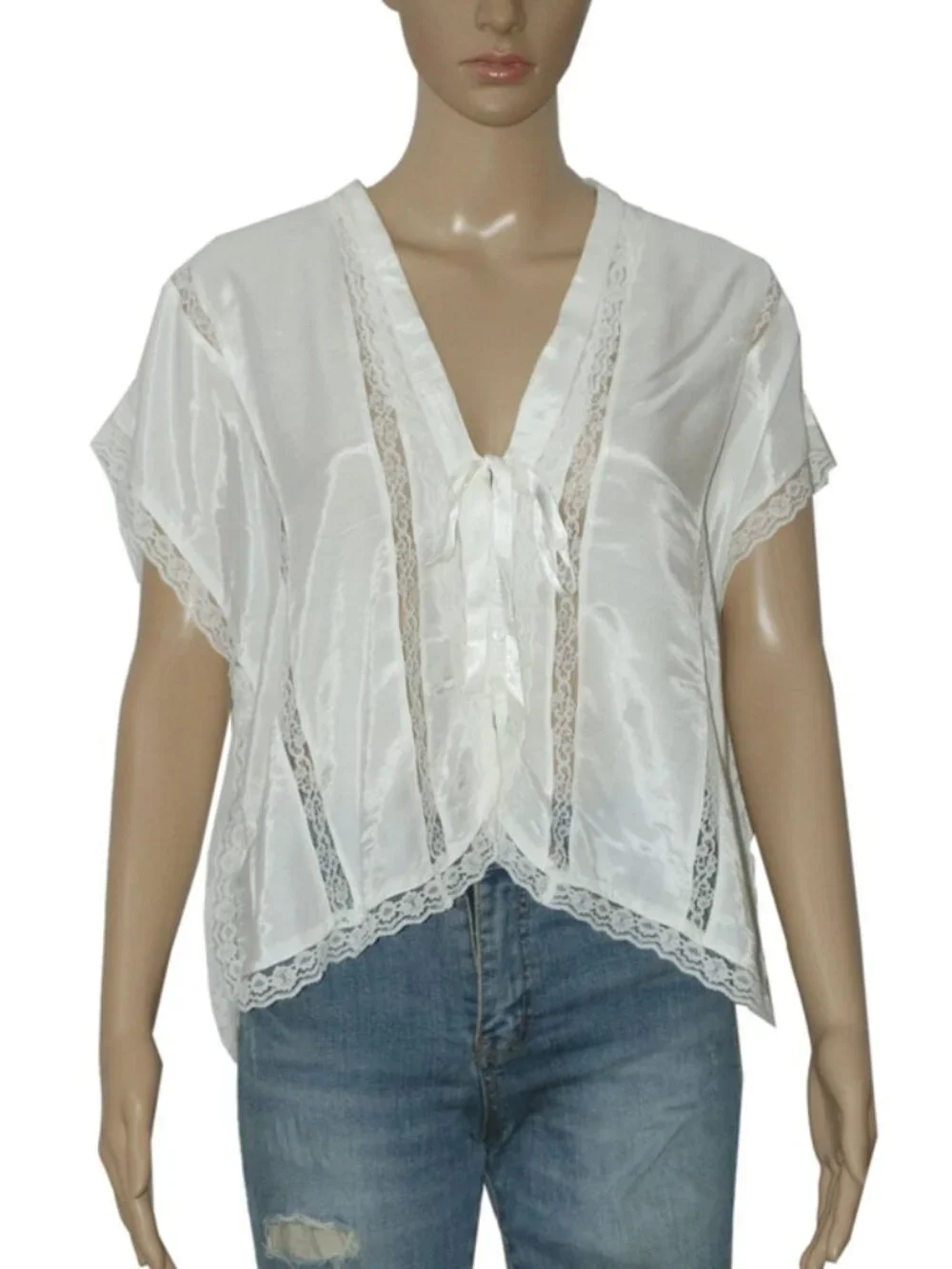 Free People Marigold Shine Lace Top Buttondown Tie V Neck Ivory Blouse